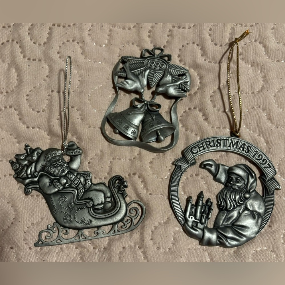 Avon Pewter Christmas Ornament 1999 1995 1997 Santa Sleigh, Candles,  Bells